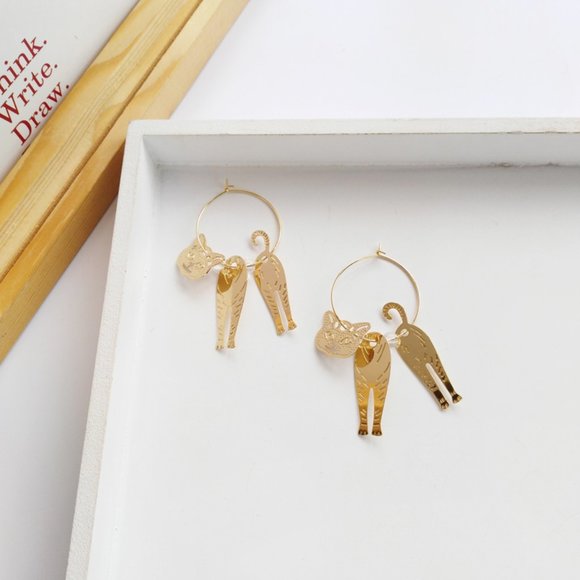 Cat Boho Engraved Kitty Hoops Earrings - Picture 9 of 12